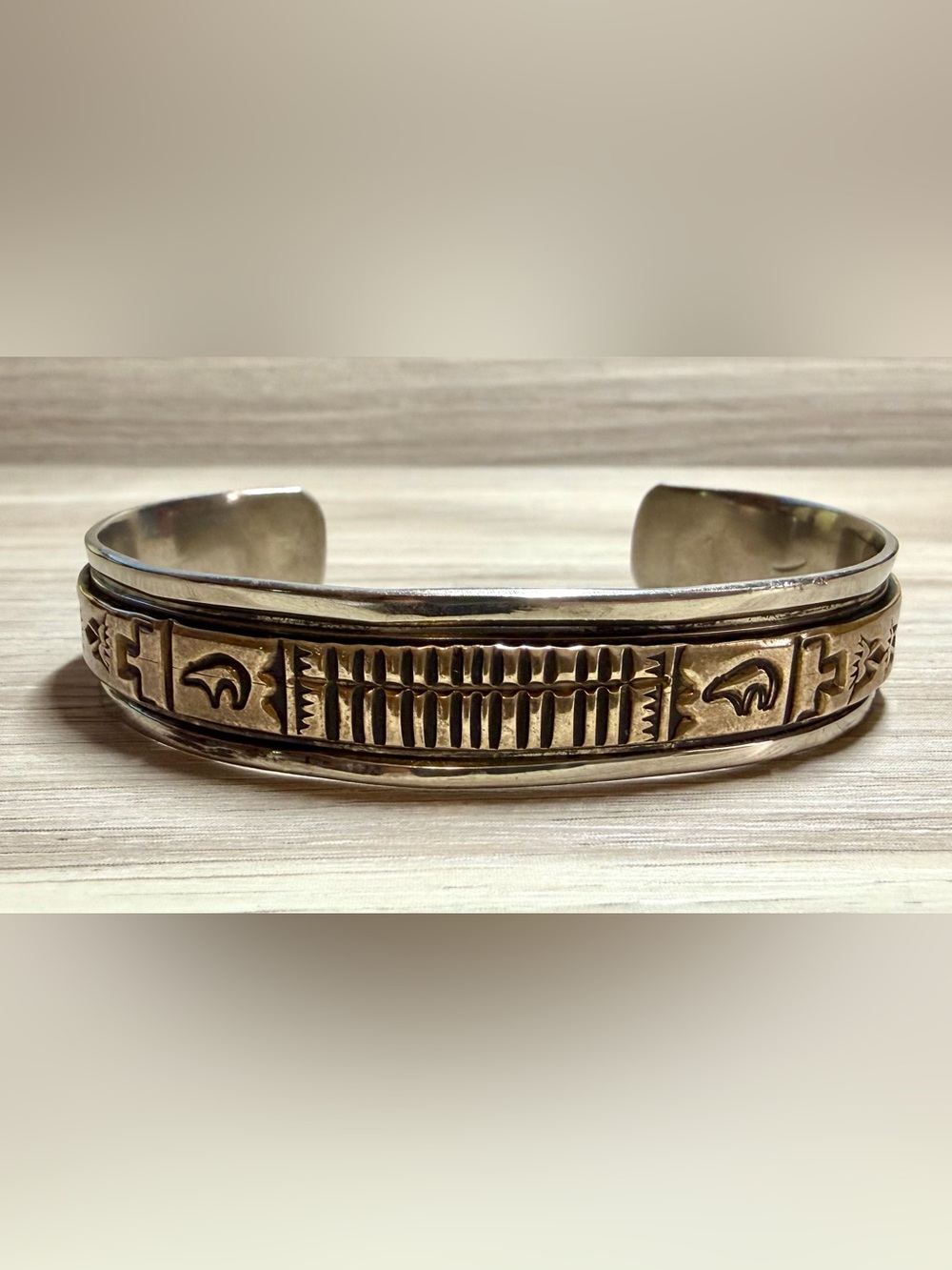 Native Navajo Designer T. Enreka Sterling Silver & Brass Stamped Cuff Bracelet